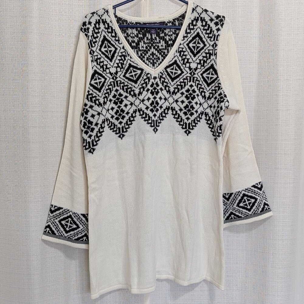 Roaman's Fair Isle Knit Tunic V-neck Bell Sleeves 14/16 Boho Casual workwear